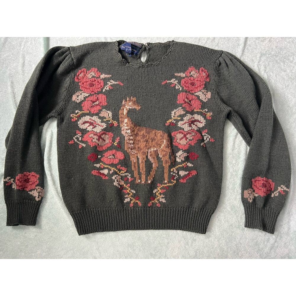 Vintage Herman Geist Olive Green Wool Sweater Floral Giraffe M L